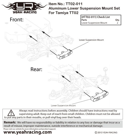 Yeah Racing Aluminum Lower Suspension Mount For Tamiya TT02 #TT02-011