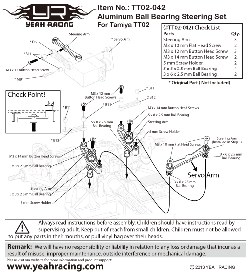 Ball Bearing FOR TAMIYA tt-02 tt02 Aluminium tuning Steering guide incl 
