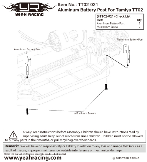 Yeah Racing Aluminum Battery Post For Tamiya TT02 #TT02-021